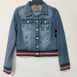 BBJ Los Angeles - Size L - Stripe Sweater Rib Trim Hem and Cuff Denim Jacket
